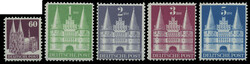 Bauten 1948, 60 Pf. weit gezähnt, 1 - 5 DM Type I (flache Treppe), 5 ...
